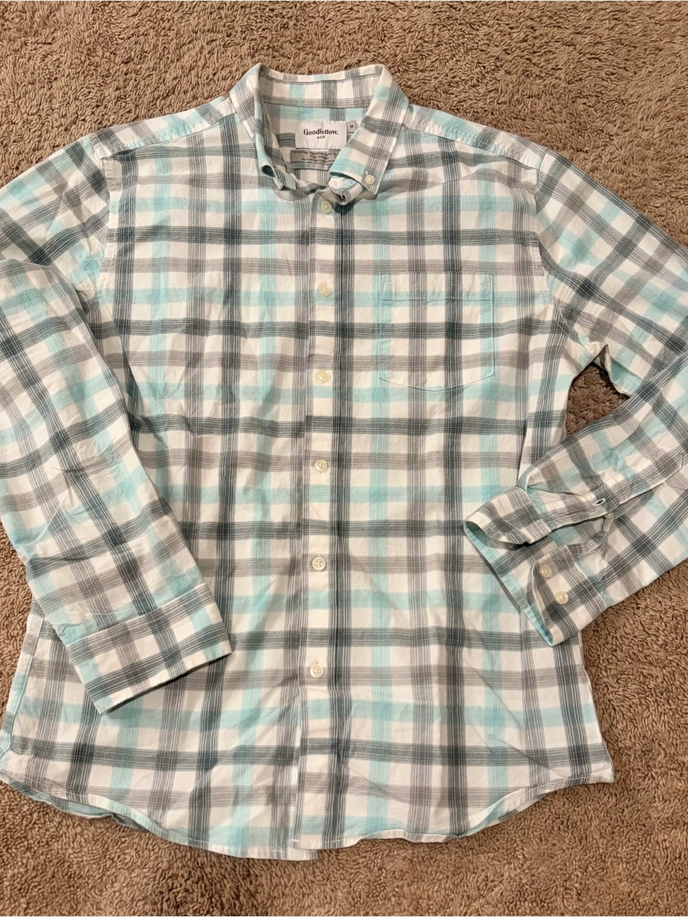 Goodfellow & Co Men’s Mint and Gray Plaid Button-Down Shirt - 059